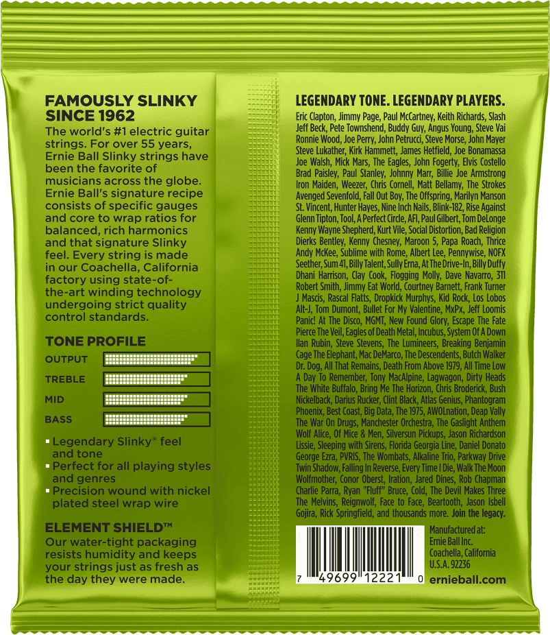 Verso emballage cordes Ernie Ball 2221 Regular Slinky 10-46 spécifications Nickel Plated Steel Made in USA