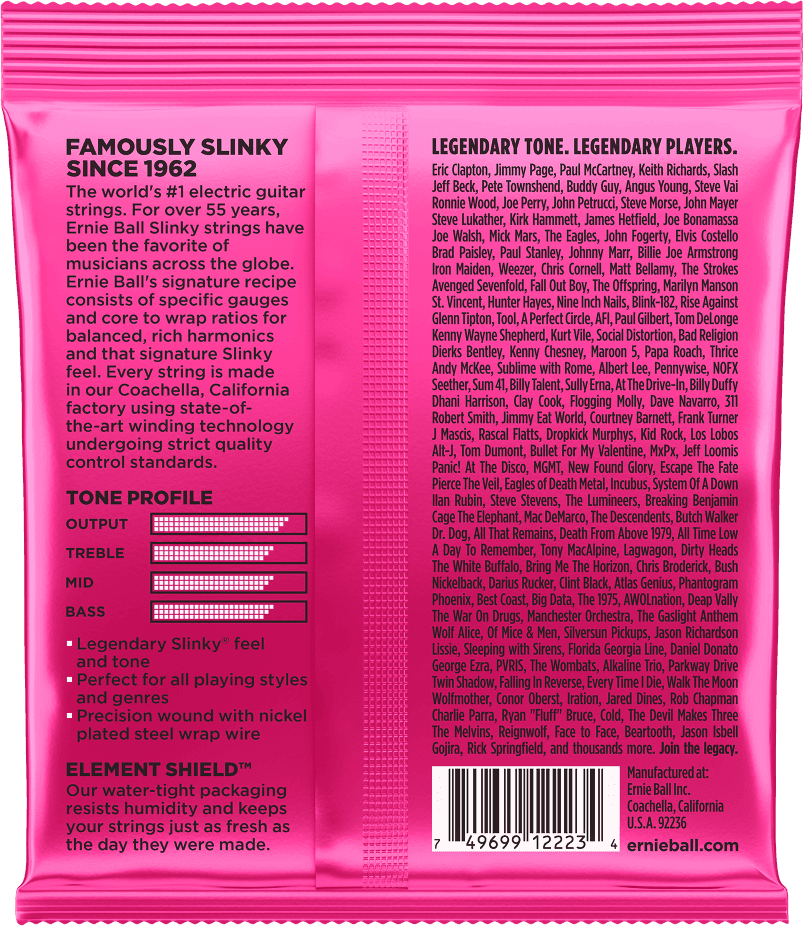 Verso emballage cordes Ernie Ball 2223 Super Slinky 9-42 spécifications Nickel Plated Steel Made in USA