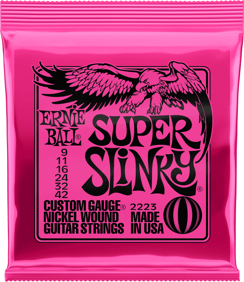 Cordes guitare électrique Ernie Ball 2223 Super Slinky 9-42 sachet rose Nickel Wound