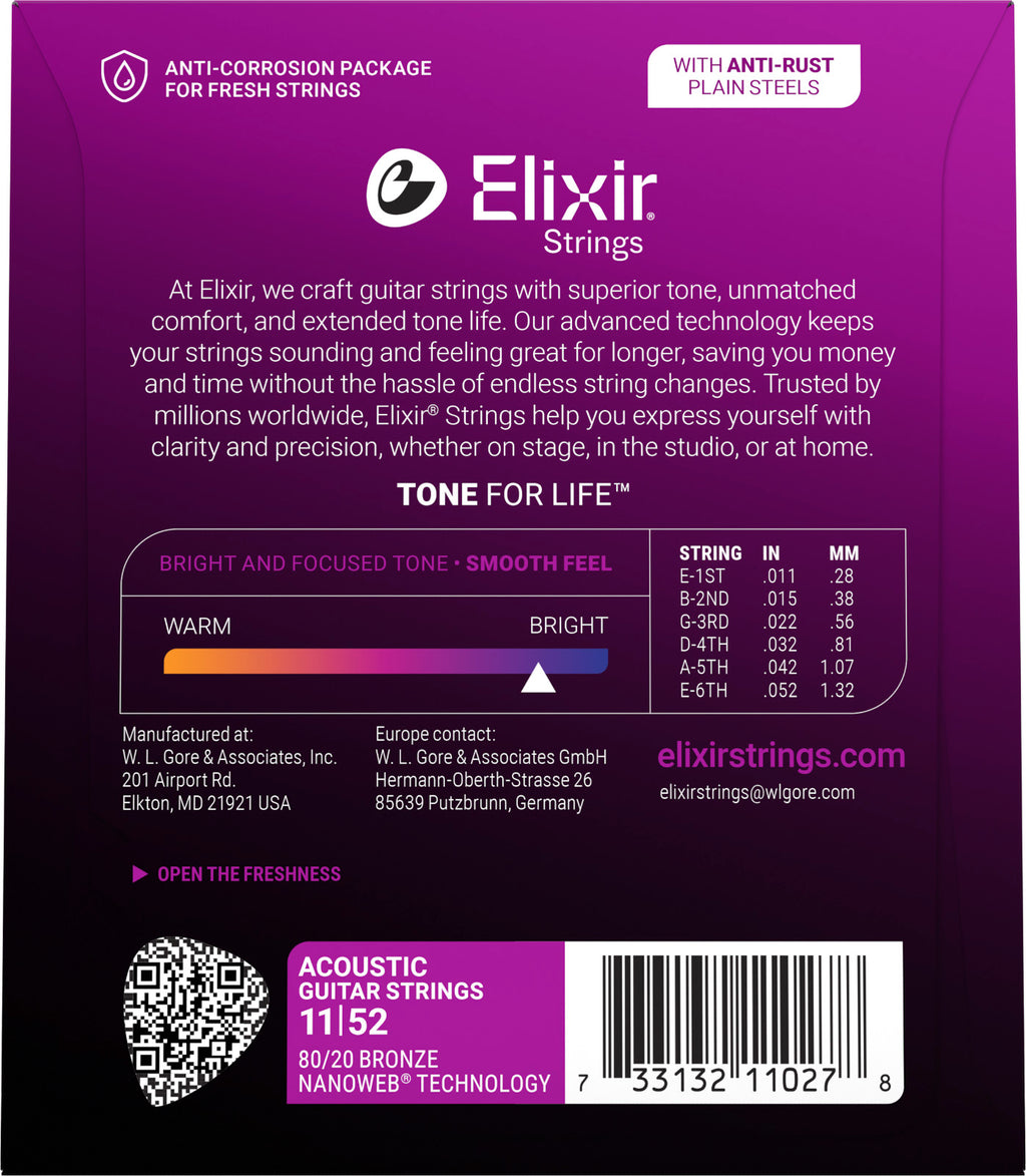 Elixir Nanoweb 11/52 Custom Light – Cordes Électrique (11027)