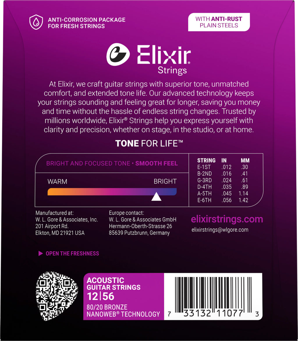 Elixir 11077 Nanoweb Phosphor Bronze 12-56 – Cordes guitare acoustique
