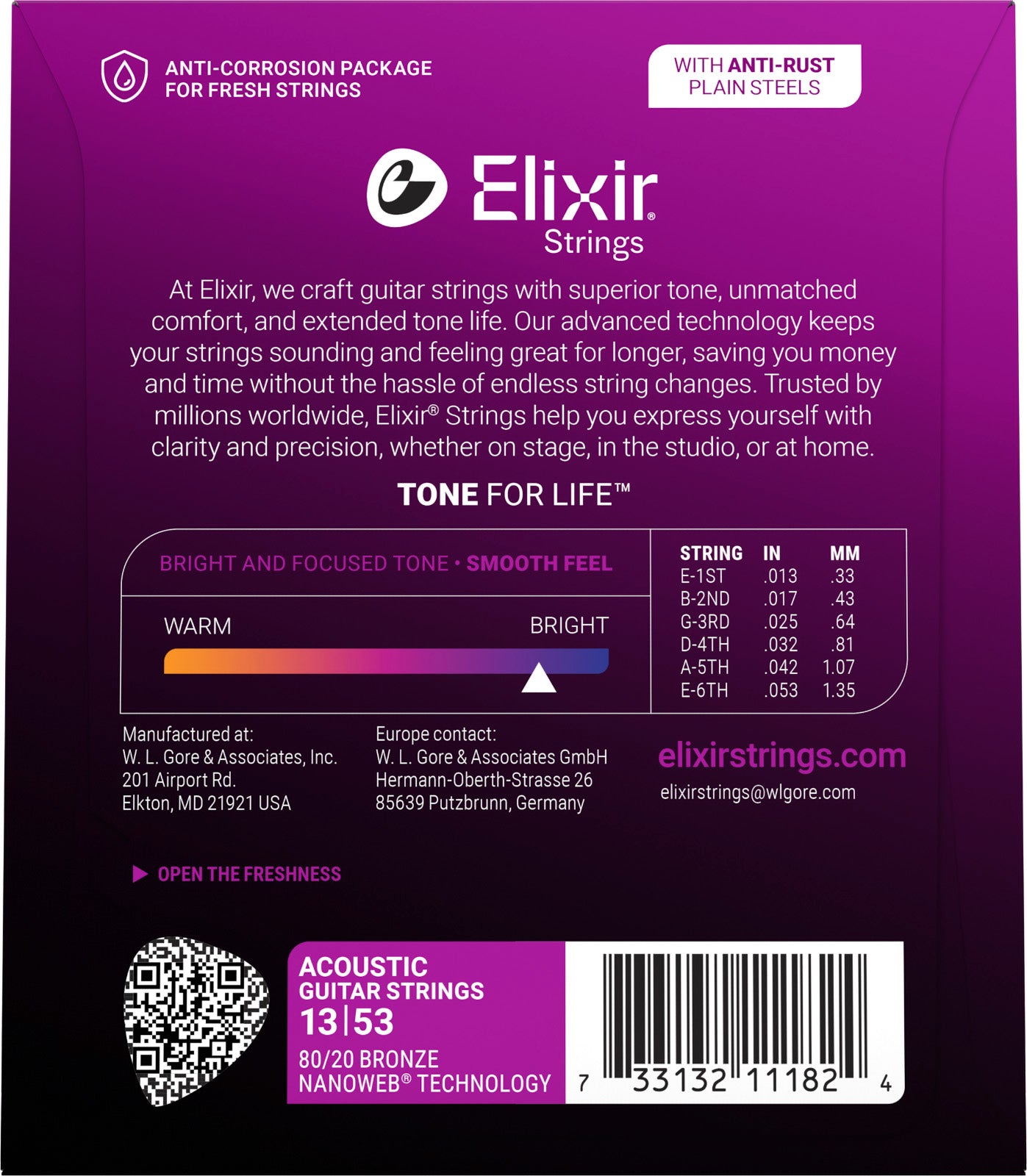 Cordes Guitare Acoustique Light Elixir 11182 Nanoweb HD Bronze 80/20 13-53 | Jeu Complet