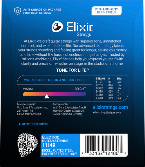 Cordes Guitare Électrique Medium Elixir 12100 Nanoweb 11-49 | Jeu Complet Revêtement Longue Durée