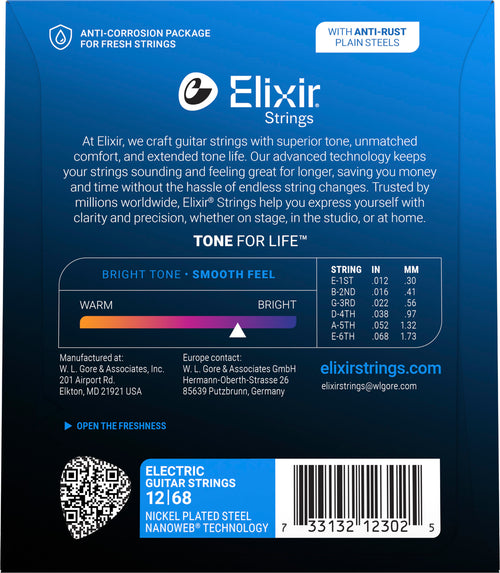 Cordes Guitare Baryton Elixir 12302 Nanoweb 12-68 | Jeu Complet Traité Longue Durée