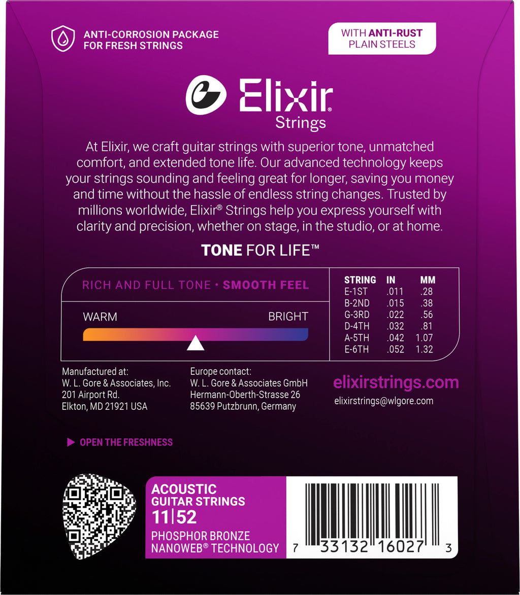 Elixir Phosphor Bronze 11/52 Custom Light – Cordes Acoustique (16027)
