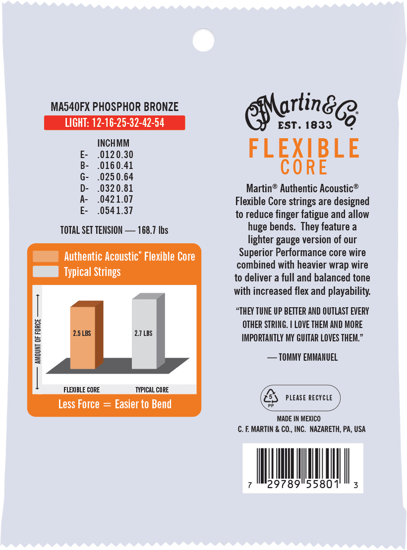 Martin MA540FX Flexible Core Light | Cordes Guitare Acoustique 92/8 Phosphore Bronze 12-54