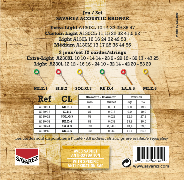 SAVAREZ A130CL JEU GUITARE  ACOUSTIC BRONZE CUSTOM LIGHT 11/52